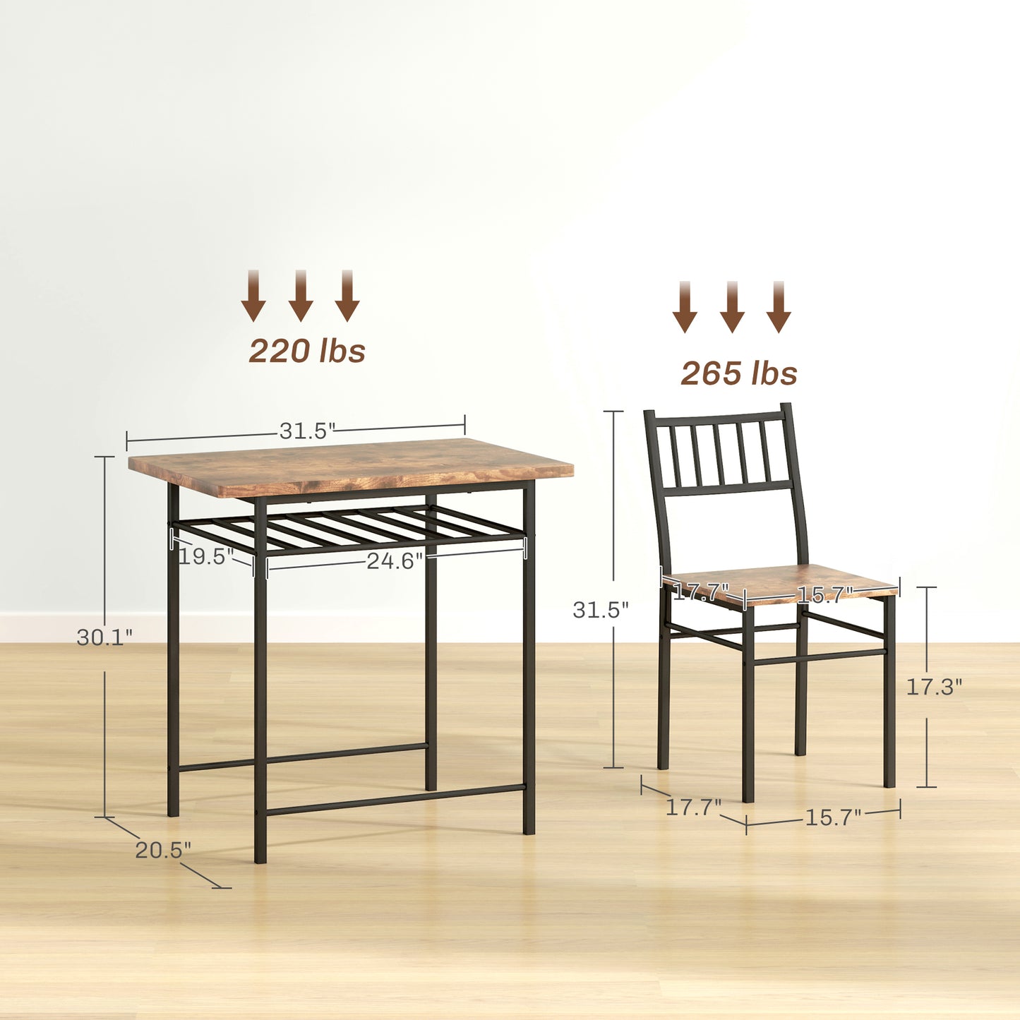 3-Piece Dining Table Set for 2 with Storage Rack