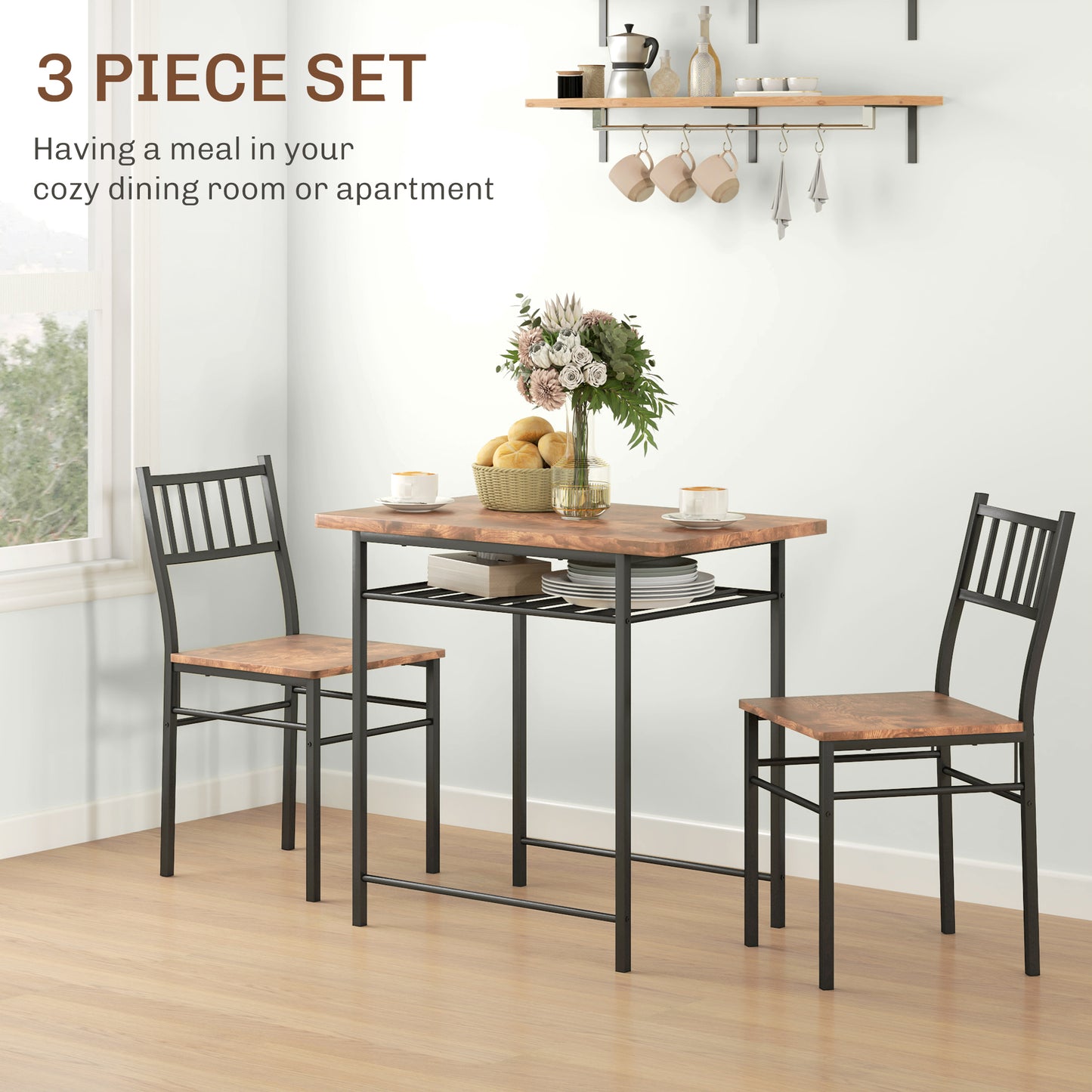 3-Piece Dining Table Set for 2 with Storage Rack