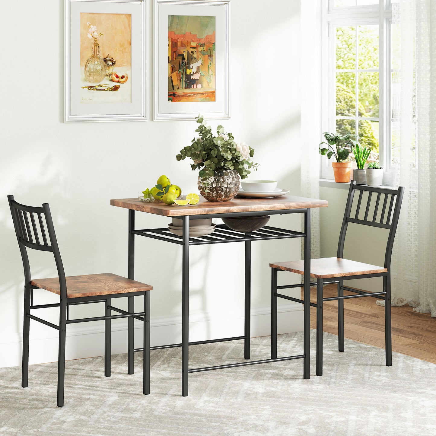 3-Piece Dining Table Set for 2 with Storage Rack
