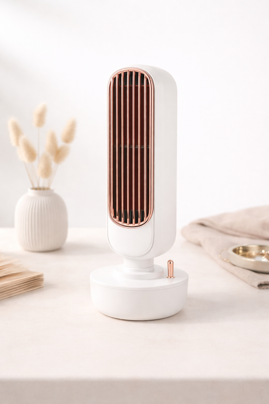 Desktop air cooler fan with humidifier for cool, fresh air at home or office.